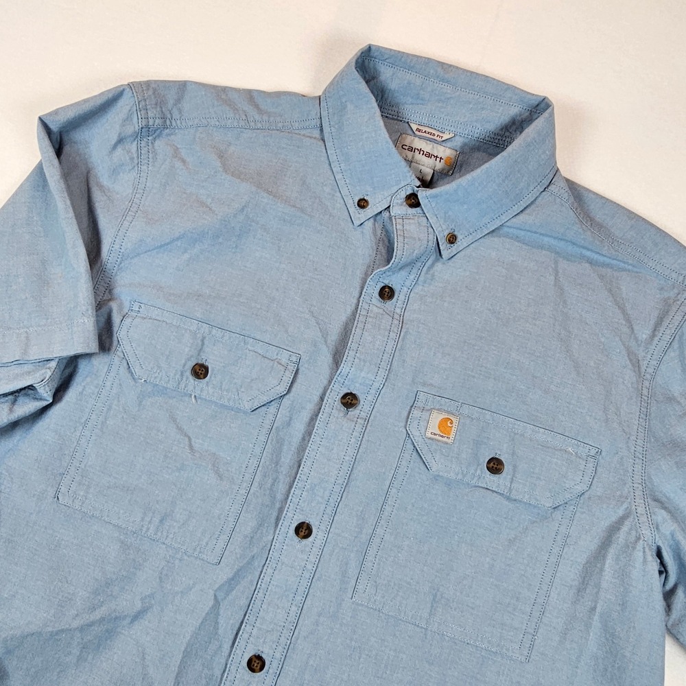 Carhartt Mens Relaxed Fit Short Sleeve Button Down Shirt Blue Large Workwear